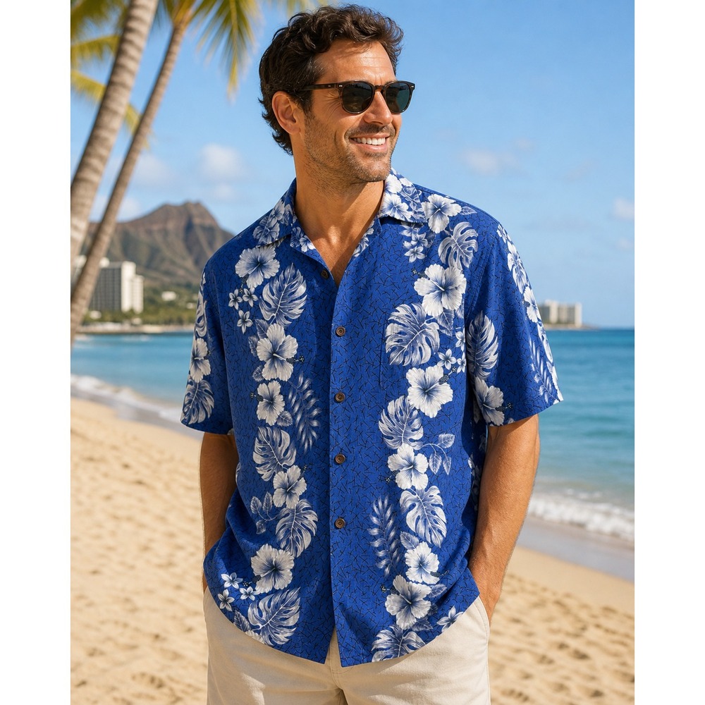 Plumeria Button-Up Shirt Men M Blue Rayon Floral Tropical Hawaiian Beach Casual